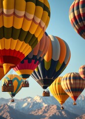 Colorful hot air balloons flying over mountain or landscape balloon background balloon background party holiday celebration decoration 