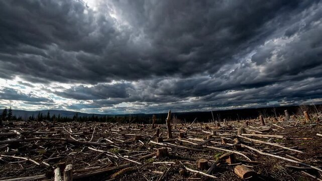 Deforested landscape with ominous storm clouds, environmental concern concept