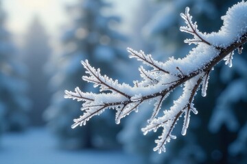 Obraz premium Icy tree limbs covered with sparkling ice crystals, nature, ice crystals