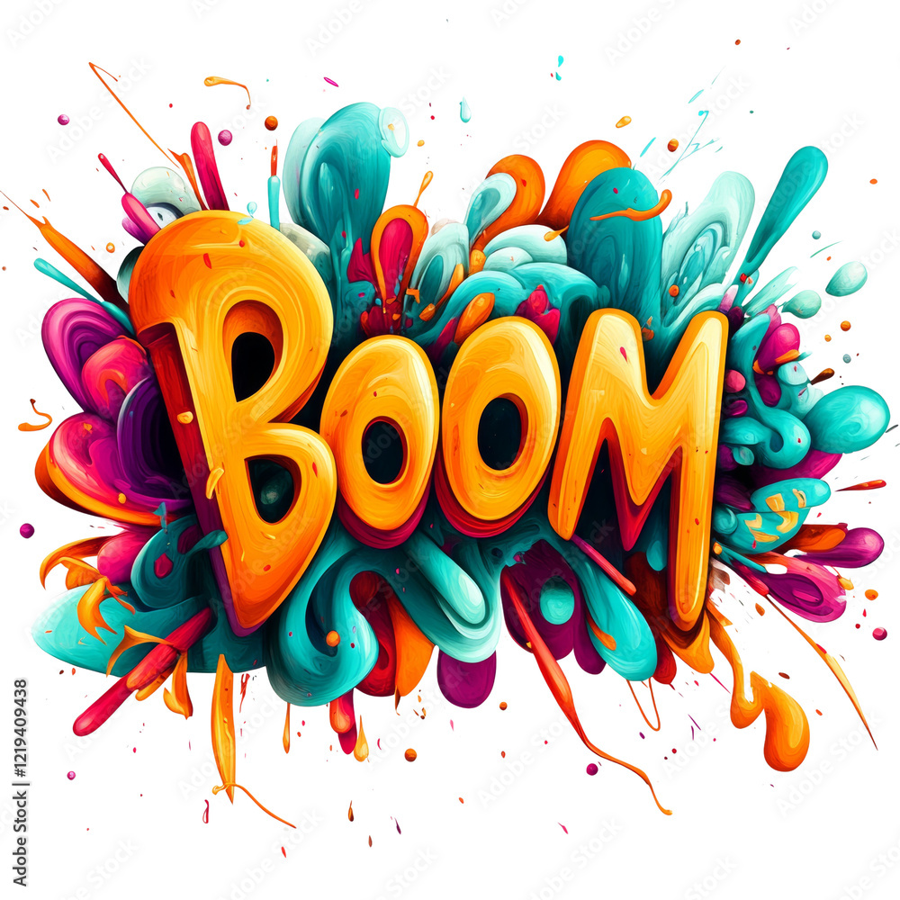Poster a vibrant and dynamic graphic design featuring the word boom in bold orange letters surrounded by a 