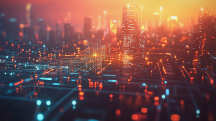 Fototapeta premium Smart digital Innovation city with connection network reciprocity over the twilight cityscape. of future smart wireless digital city and social media networking systems that connects people with city