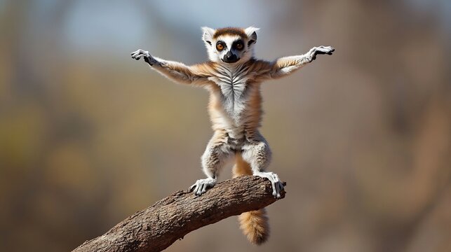 A ring tailed lemur balancing on a tree branch in Madagascar