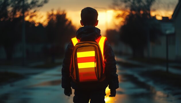 Ensuring Safety For School Children In Dark City Streets: Kids With Reflective Vest And Fluorescent Stripes Walking Home Safely At Night.