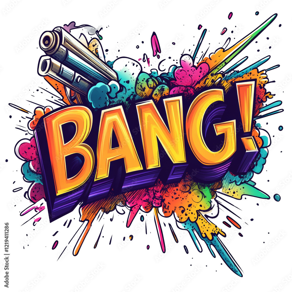 Poster a vibrant graphic design depicting the word bang with guns and an explosion of colorful paint splatt