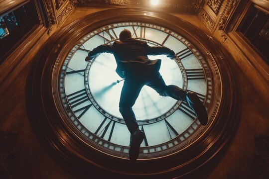 A businessman stands next to a clock, possibly waiting for an appointment or meeting