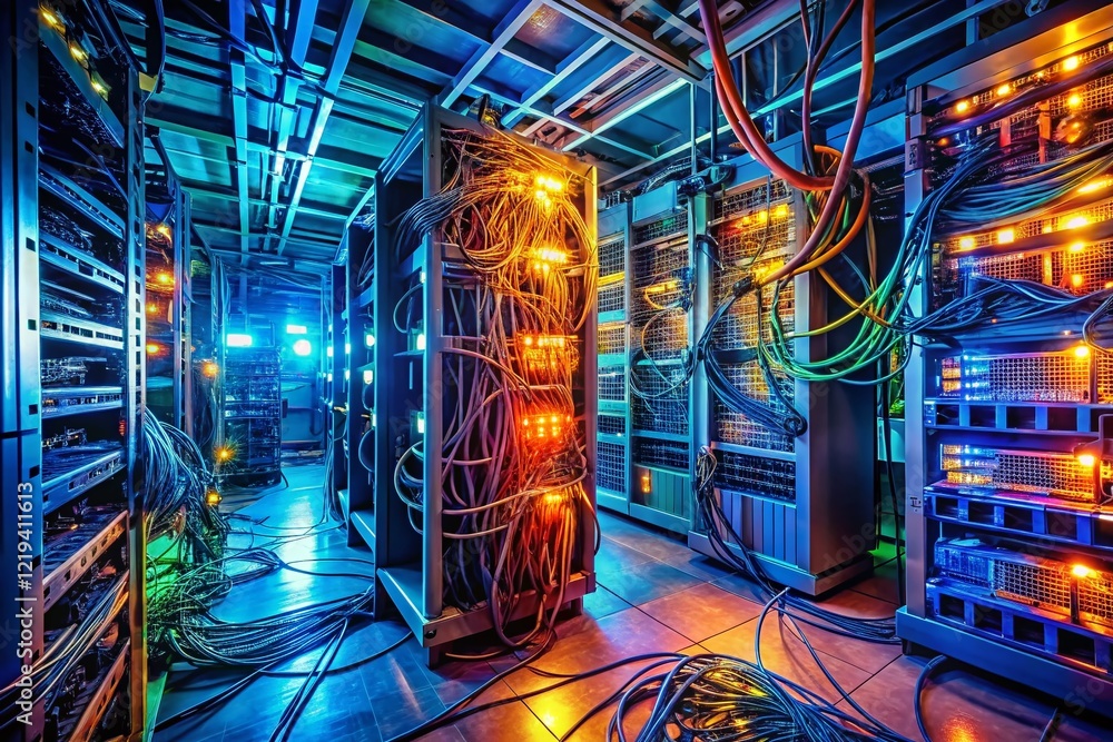 Poster server room malfunction: technicians troubleshooting system failure