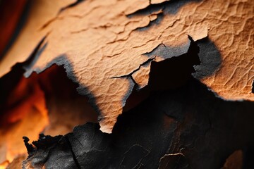 A close-up shot of a burnt piece of paper with charred edges and a fragmented text