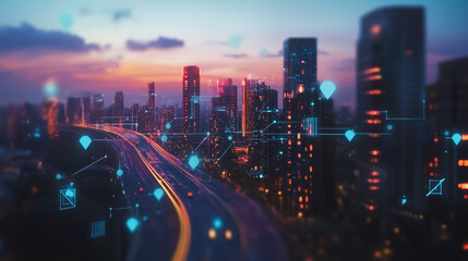Obraz premium Smart digital Innovation city with connection network reciprocity over the twilight cityscape. of future smart wireless digital city and social media networking systems that connects people with city