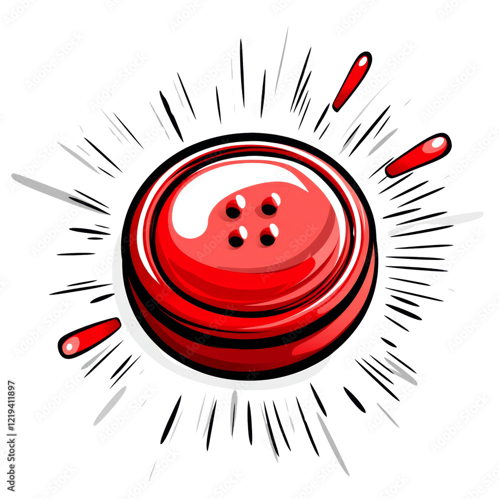 Poster A stylized red button with a glossy finish is the central focus of a dynamic abstract design incorporating radial lines and black and white accents.