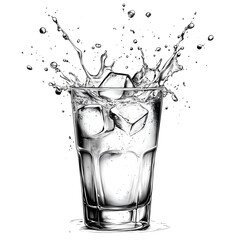 Isolated monochromatic illustration of a glass filled with ice cubes and water, with splashes dynamically frozen in motion, set against the clean white background.