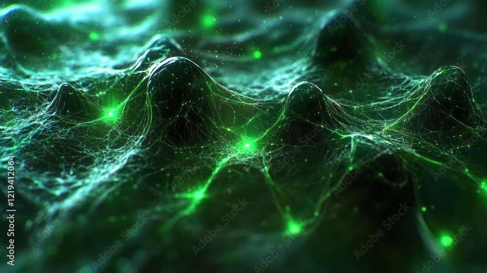 Poster abstract green network with glowing nodes, resembling a neural network or biological structure.