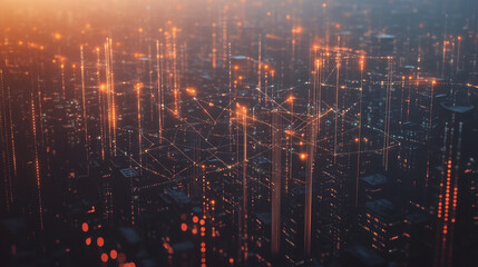 Fototapeta premium Smart digital Innovation city with connection network reciprocity over the twilight cityscape. of future smart wireless digital city and social media networking systems that connects people with city