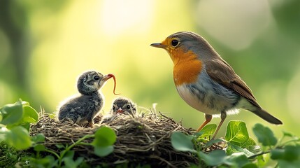 A robin feeding earthworms to its chicks in a nest surrounded by greenery