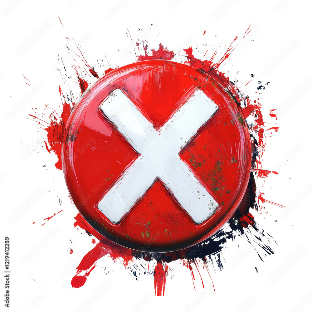 Poster a stylized image of a red circle with a white x, signifying rejection or error, surrounded by paint 