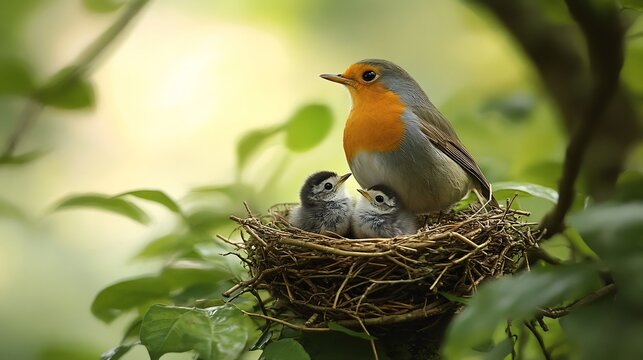 Robin Feeding its Chicks Tucked in Dense Branches