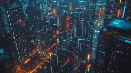 Naklejka premium Smart digital Innovation city with connection network reciprocity over the twilight cityscape. of future smart wireless digital city and social media networking systems that connects people with city