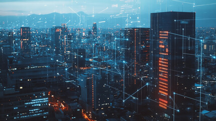 Obraz premium Smart digital Innovation city with connection network reciprocity over the twilight cityscape. of future smart wireless digital city and social media networking systems that connects people with city