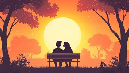 Naklejka premium Unique Valentine'S Day Scene: Couple Sitting On Bench In Park, Enjoying Sun. Perfect For Flyers, Invitations, And Greetings. Romantic Love Story.