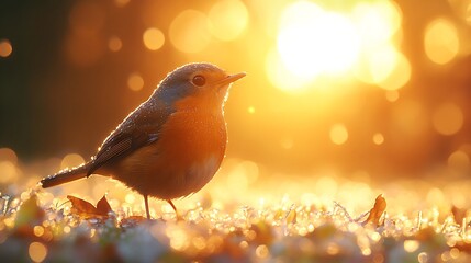 Robin Hopping Through Dew Covered Grass at Sunrise