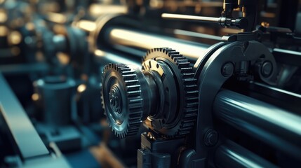 Modern industrial printing machinery with intricate transfer rollers, ink reservoirs, and precision gears in a clean factory setup.