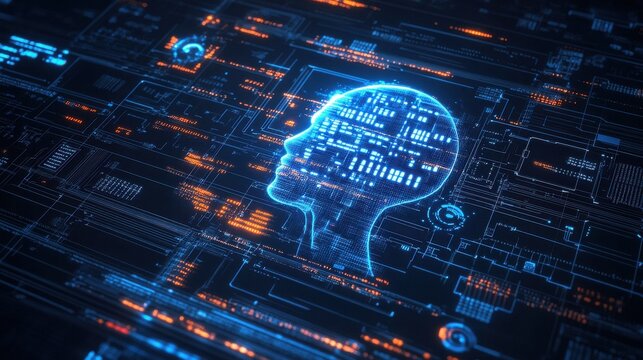 Illustration of a futuristic AI coding interface with holographic displays of code and algorithms.