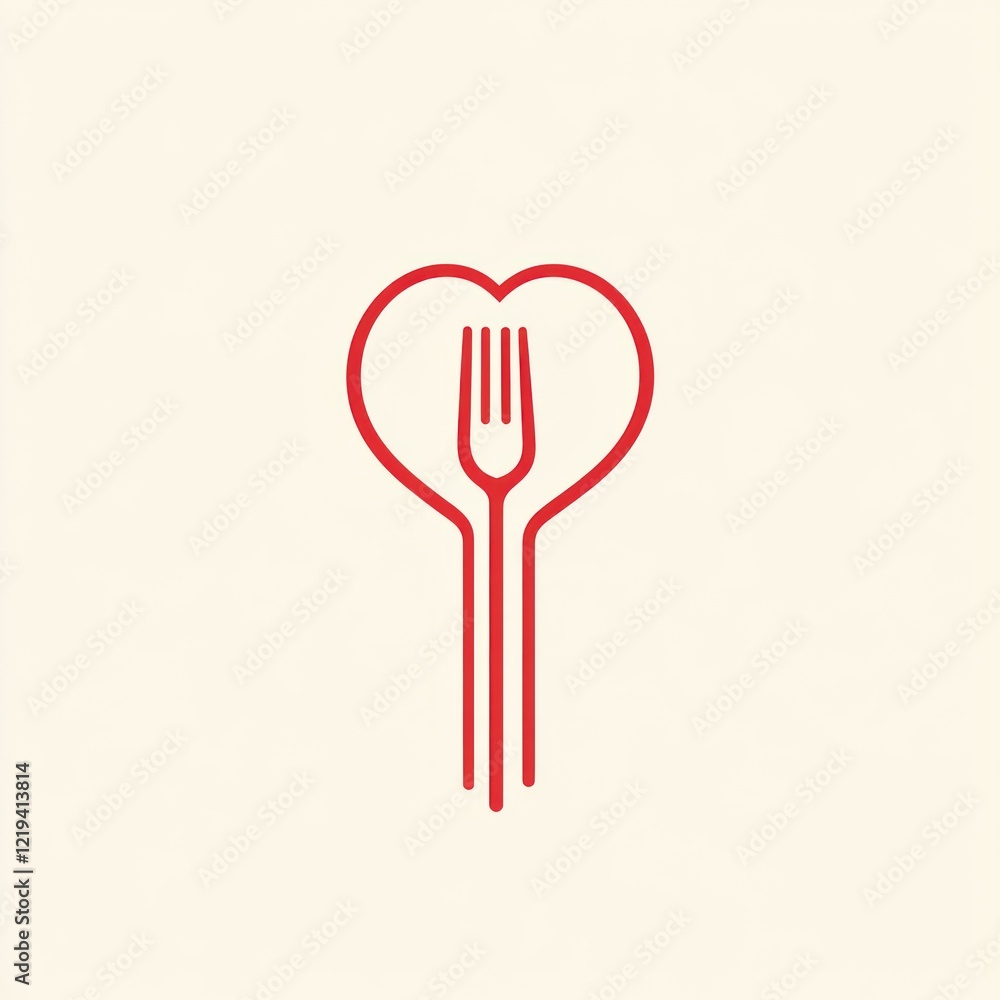 Poster red fork centered inside heart shape on a cream color background, possible logo use