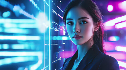 Holographic communication system projecting a 3D virtual assistant, glowing neon beams of light, sleek industrial backdrop