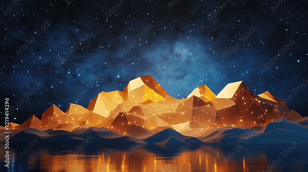 Poster abstract glowing polygonal on starry sky background. idea and future concept. 3d rendering.