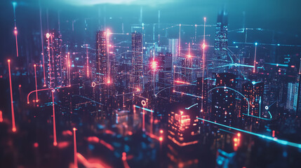 Obraz premium Smart digital Innovation city with connection network reciprocity over the twilight cityscape. of future smart wireless digital city and social media networking systems that connects people with city