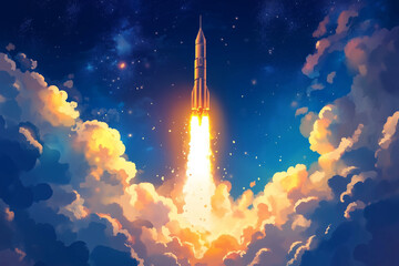 Vibrant rocket launch against a starry night sky with billowing clouds