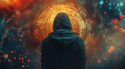 Back view of hacker in hoodie on abstract coding background. Hacking and technology concept