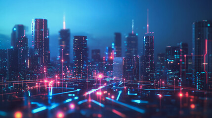 Obraz premium Smart digital Innovation city with connection network reciprocity over the twilight cityscape. of future smart wireless digital city and social media networking systems that connects people with city