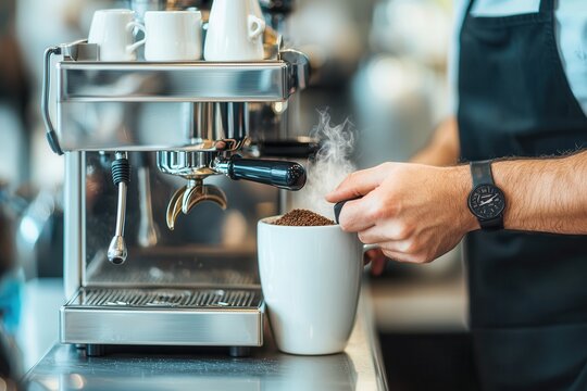 Coffee culture: The perfect grind by a barista. Barista preparing coffee with an espresso machine in a caf&eacute; setting.