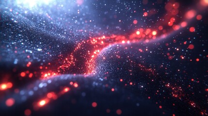 Abstract red and blue glowing particles in a swirling motion.