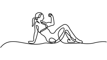 continuous one line drawing of young happy woman exercising ,   woman exercise sit up with fitness ball in gym fitness center graphic vector illustration.