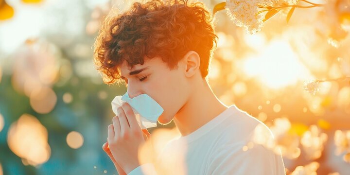 Man sneezing into a tissue surrounded by blooming flowers. Seasonal allergy concept. Image for medical and wellness conten with copy space. - Powered by Adobe