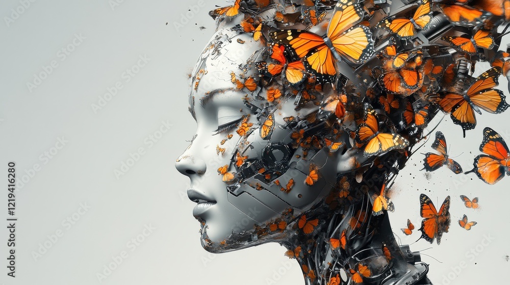 Poster a modern, futuristic woman created from butterflies merging with robotic elements, isolated on a sle