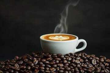 Obraz premium Coffee culture: The perfect grind by a barista. Hot latte with latte art on a bed of coffee beans.