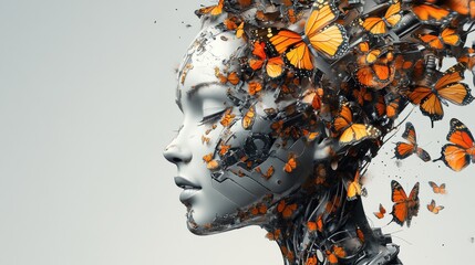 A modern, futuristic woman created from butterflies merging with robotic elements, isolated on a sleek grey background. Space for text is provided at the top and bottom