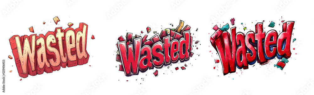 Poster The image showcases three different artistic renderings of the word Wasted, each with a unique style emphasizing explosion and fragmentation.