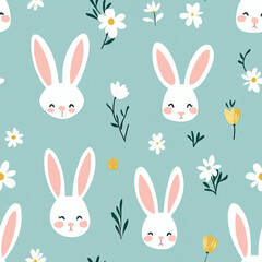 Cute bunny and floral pattern on teal background