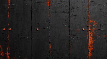 Dark wooden planks with orange paint and rivets.