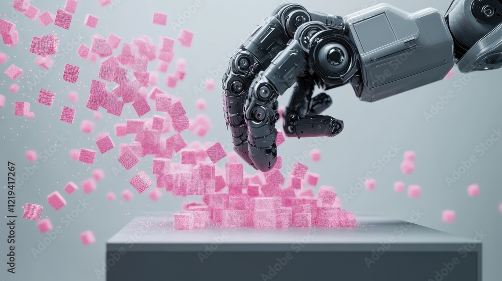 Poster 3d render of a robotic arm adding pink pixels to a grey box.