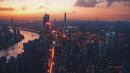 Smart digital Innovation city with connection network reciprocity over the twilight cityscape. of future smart wireless digital city and social media networking systems that connects people with city