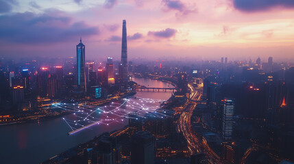 Fototapeta premium Smart digital Innovation city with connection network reciprocity over the twilight cityscape. of future smart wireless digital city and social media networking systems that connects people with city