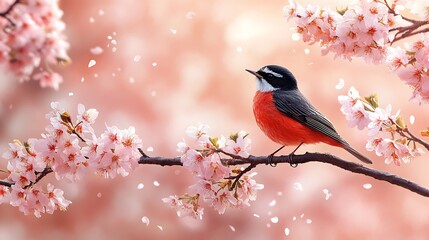 A robin singing on a blooming cherry blossom branch in spring
