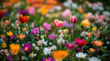Fototapeta premium A vibrant display of spring flowers in a rich tapestry of colors, with petals in every shade creating a lively and cheerful scene.