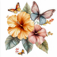 Illustration of vibrant hibiscus flowers and butterflies in soft pastel tones, featuring detailed leaves and a white background.

