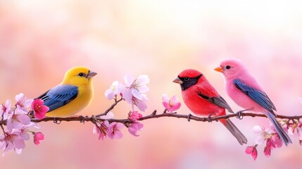 Hello Spring: Three Little Birds Perching on Cherry Blossom Twigs - Vertical Layout