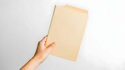 hand holding single manila file folder, showcasing its smooth surface and neutral color. image conveys sense of organization and professionalism